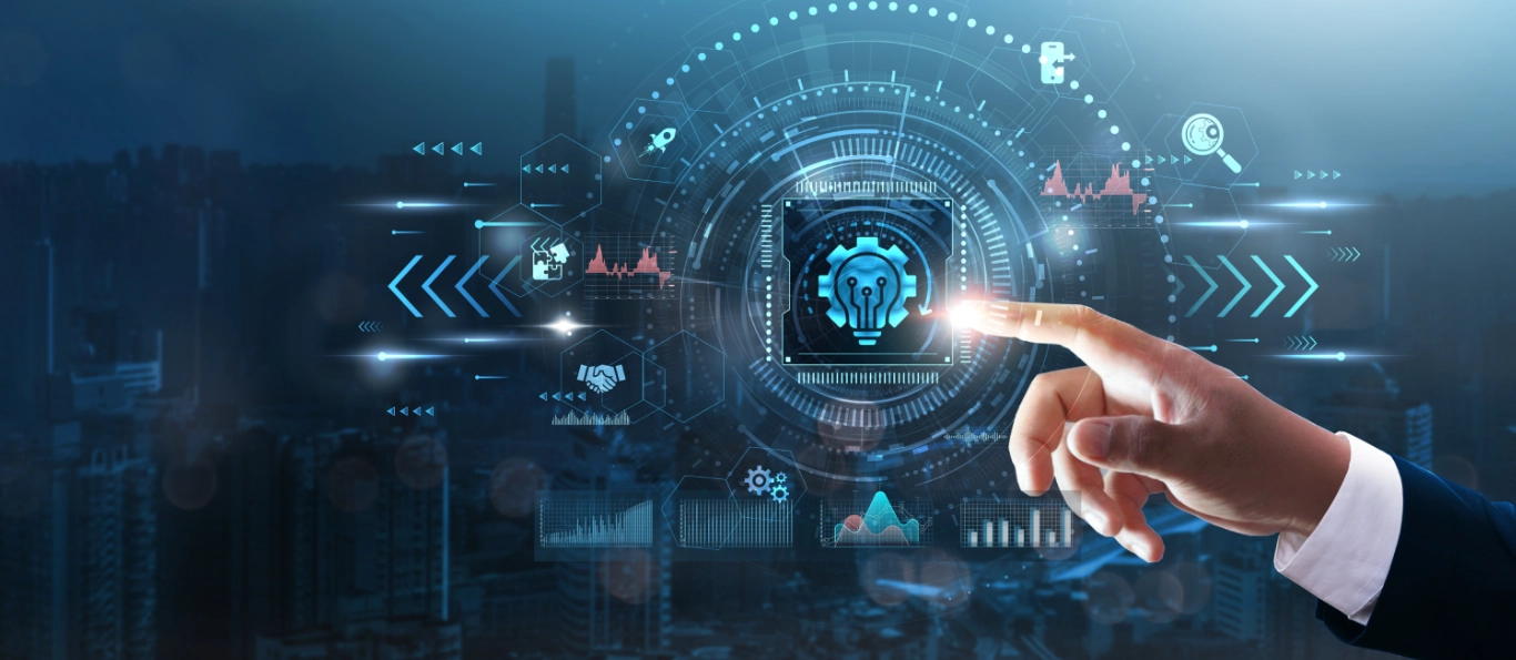 Hand touching a digital interface with AI and technology icons, symbolizing innovation and artificial intelligence.